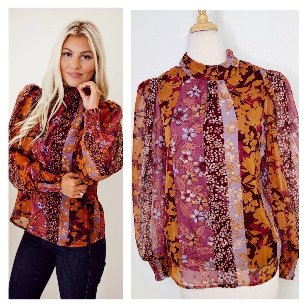 Avara Womens Patchwork Floral Long Balloon Sleeve Top Size S Orange Purple Fall